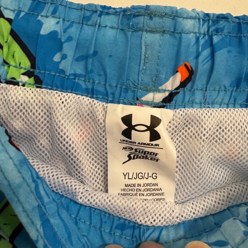 Under Armour Boys Blue Swim Trunks with Neon Water Super Soaker Print NEW - Picture 4 of 7